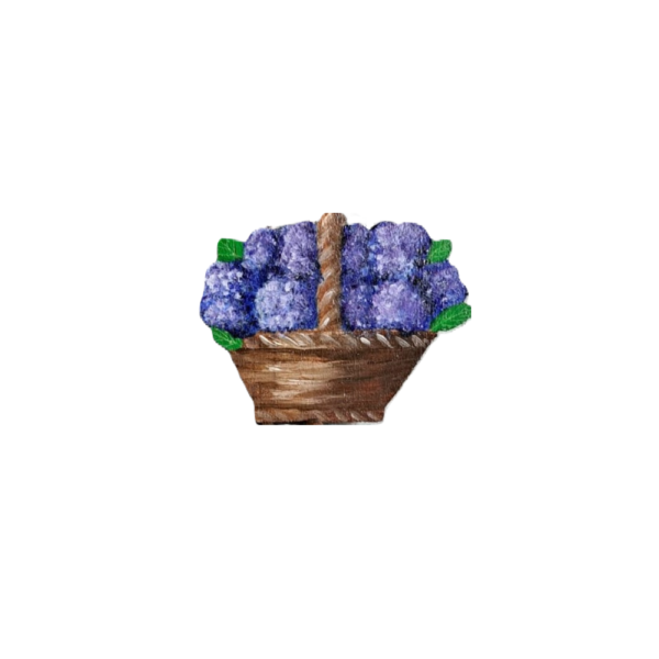 Broche en bois 'panier d'hortensias' bleu-violet